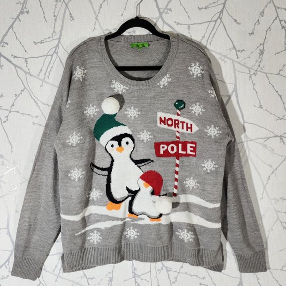 mySTYLE Gray Knit Christmas Theme Penguins Printed Sweater - Picture 1 of 4